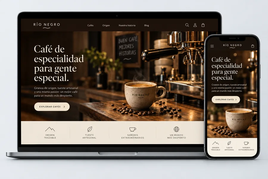 Propuesta conceptual de landing para cafetería de especialidad en escritorio y celular